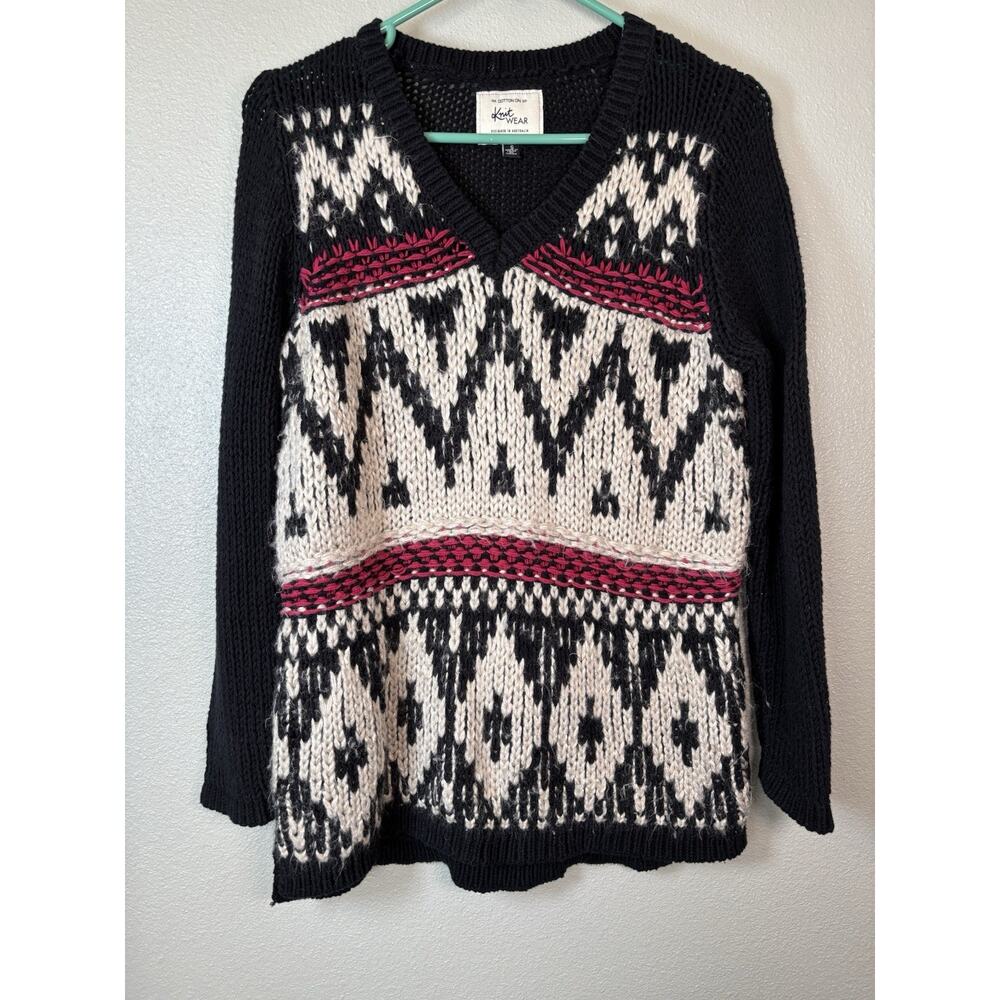 Cotton On Knit Wear Sweater Fuzzy Womens Small Black White Red Chunky V Neck